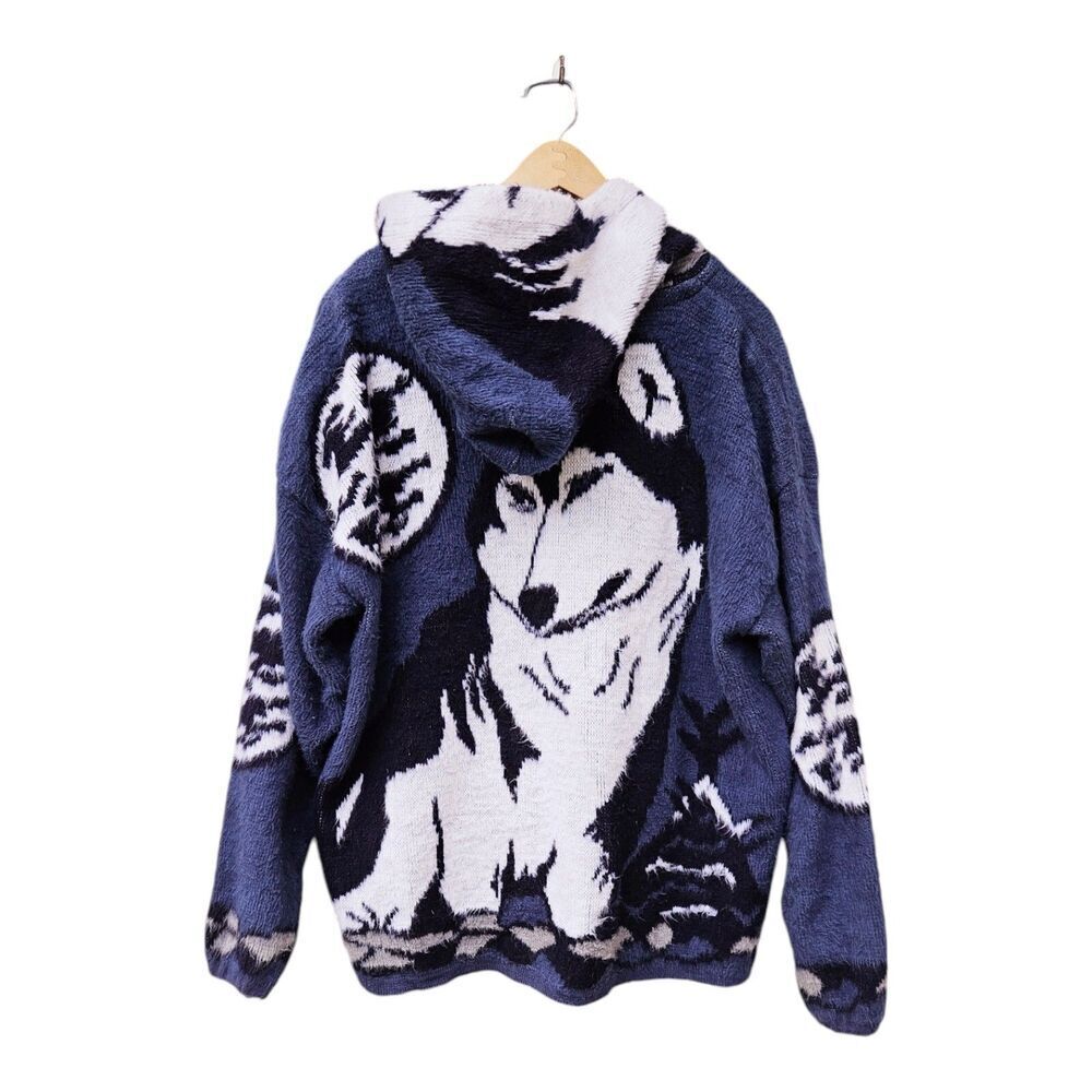 VTG GENESIS Blue Wolf Feather Hoodie Jacket Mens Large Full Zip Wool - Picture 2 of 11
